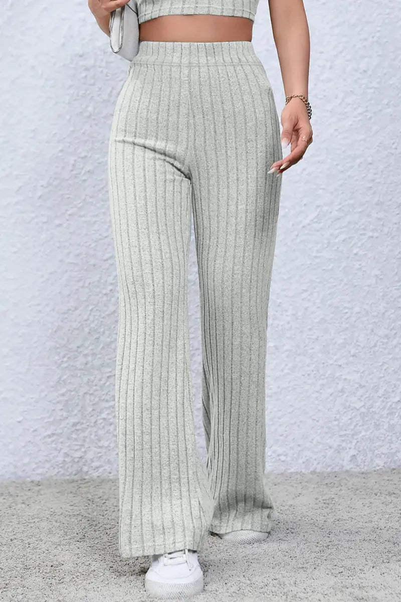 Basic Bae Full Size Ribbed High Waist Flare Pants for Women - Love Salve